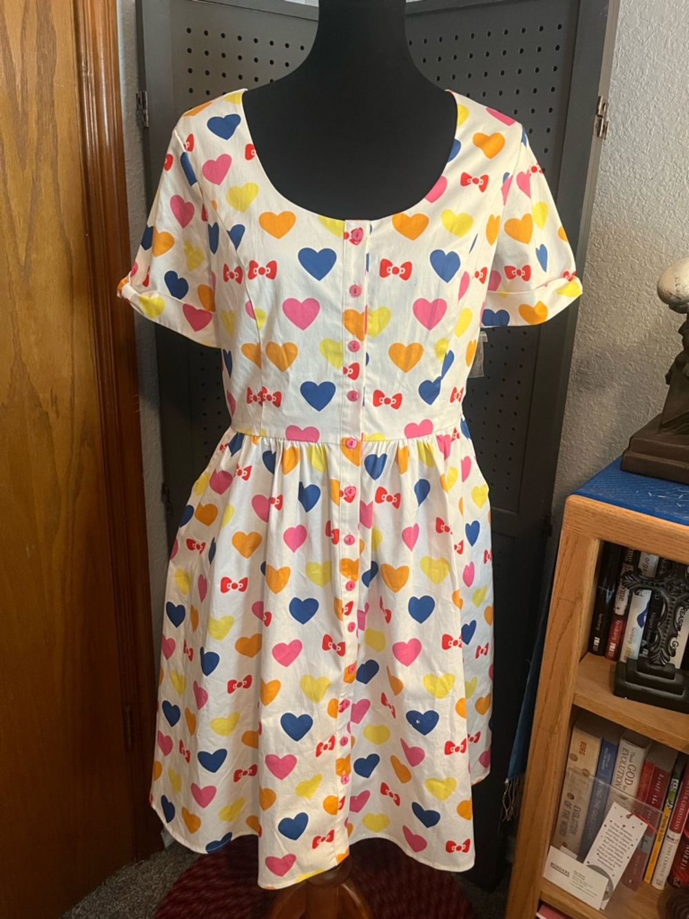 Modcloth White Heart-Print Button-Front Dress with Blue, Pink, Yellow Hearts